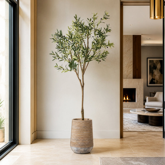 7'Hx36"W Olive Leaf Artificial Tree w/Cement Planter -Green - WT0708-GR