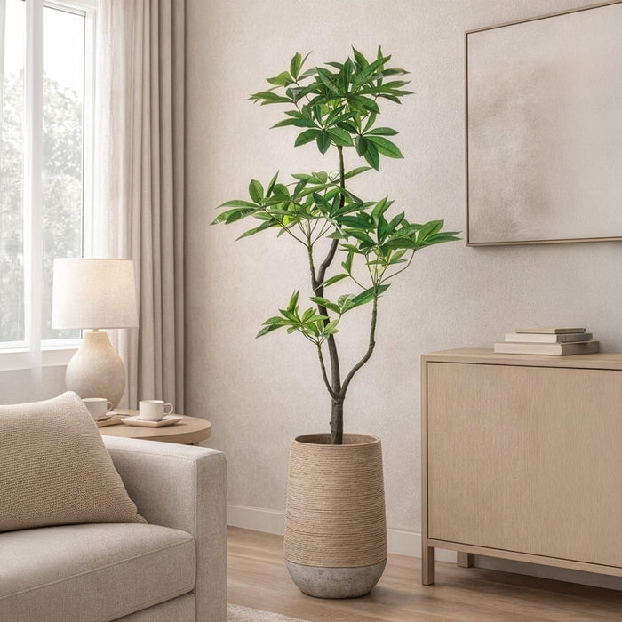 6'4"Hx36"W Pachira Leaf Artificial Tree w/Cement Planter -Green - WT0713-GR