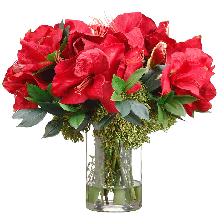 17" Silk Amaryllis Flower, Skimmia & Sedum Arrangement w/Glass Vase -Red/Green - WX8084-RE/GR