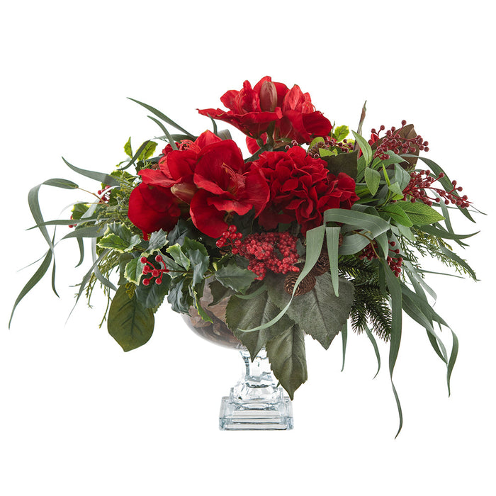 21.5" Silk Amaryllis Flower, Holly & Eucalyptus Leaf Arrangement w/Glass Vase -Red/Green - WX8090-RE/GR