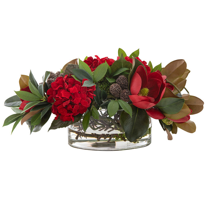 12"Hx23"W Magnolia, Hydrangea, Berry & Pinecone Silk Flower Arrangement w/Glass Vase -Red/Green - WX8091-RE/GR