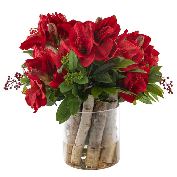 20"Hx22"W Amaryllis, Skimmia, Berry & Birch Silk Flower Arrangement w/Glass Vase -Red/Green - WX8093-RE/GR
