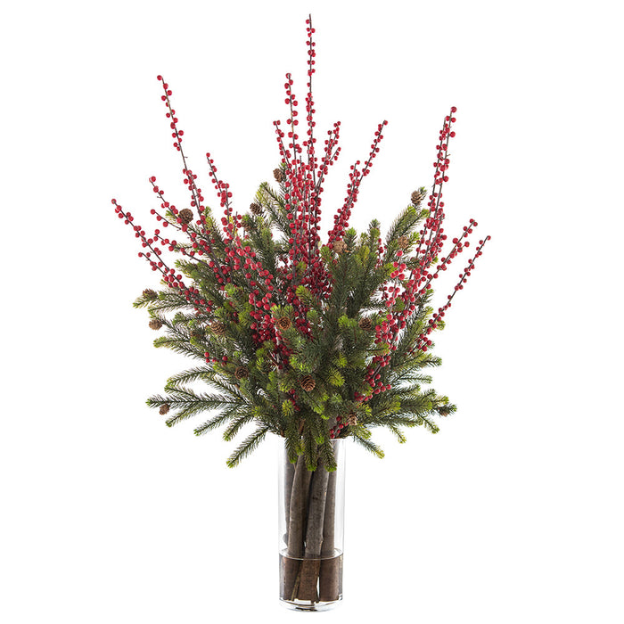 48"Hx32"W Ilex Berry, Pine, Pinecone & Wood Artificial Flower Arrangement w/Glass Vase -Red/Green - WX8099-RE/GR
