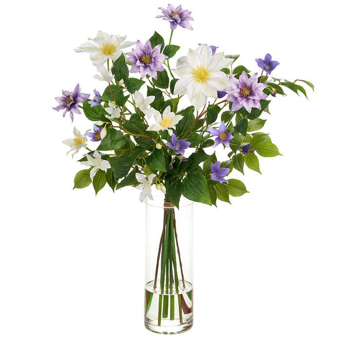 25.5"Hx19"W Clematis Silk Flower Arrangement w/Glass Vase -Lavender/White - WZ0142-LV/WH