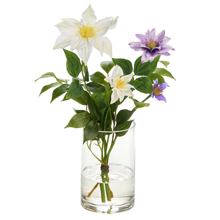 15"Hx12"W Clematis Silk Flower Arrangement w/Glass Vase -Lavender/White - WZ0144-LV/WH