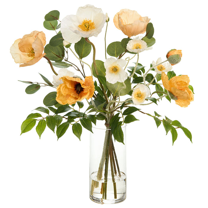 21.5"Hx20"W Poppy Silk Flower Arrangement w/Glass Vase -Yellow/Cream - WZ0150-YE/CR