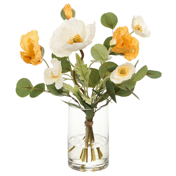15"Hx12.5"W Poppy Silk Flower Arrangement w/Glass Vase -Yellow/Cream - WZ0151-YE/CR