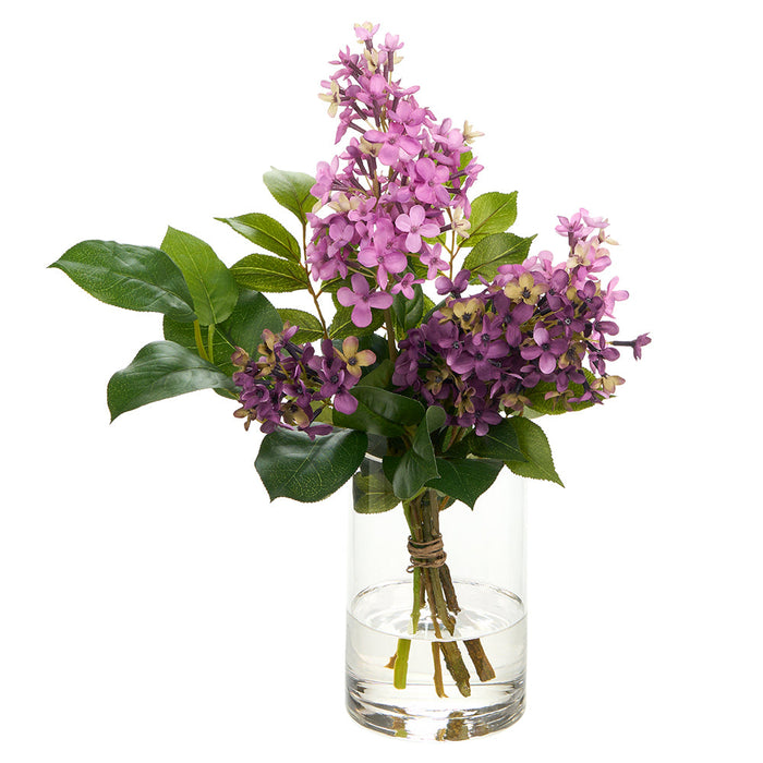 15"Hx13"W Lilac Silk Flower Arrangement w/Glass Vase -2 Tone Lilac - WZ0154-LL/TT