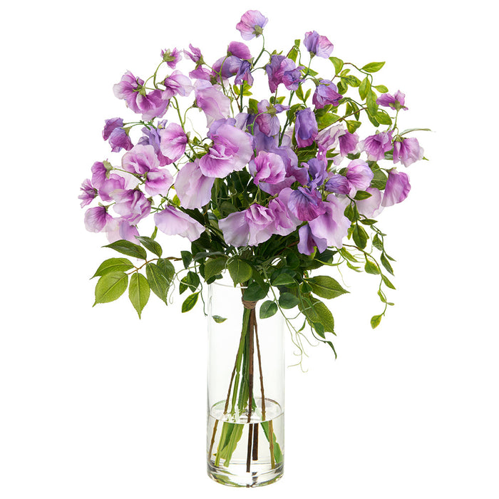 24"Hx18"W Sweet Pea Silk Flower Arrangement w/Glass Vase -Lavender/Green - WZ0155-LV/GR