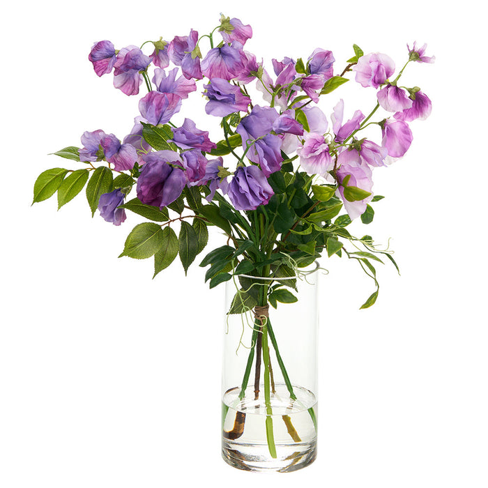 18.5"Hx15"W Sweet Pea Silk Flower Arrangement w/Glass Vase -Lavender/Green - WZ0156-LV/GR