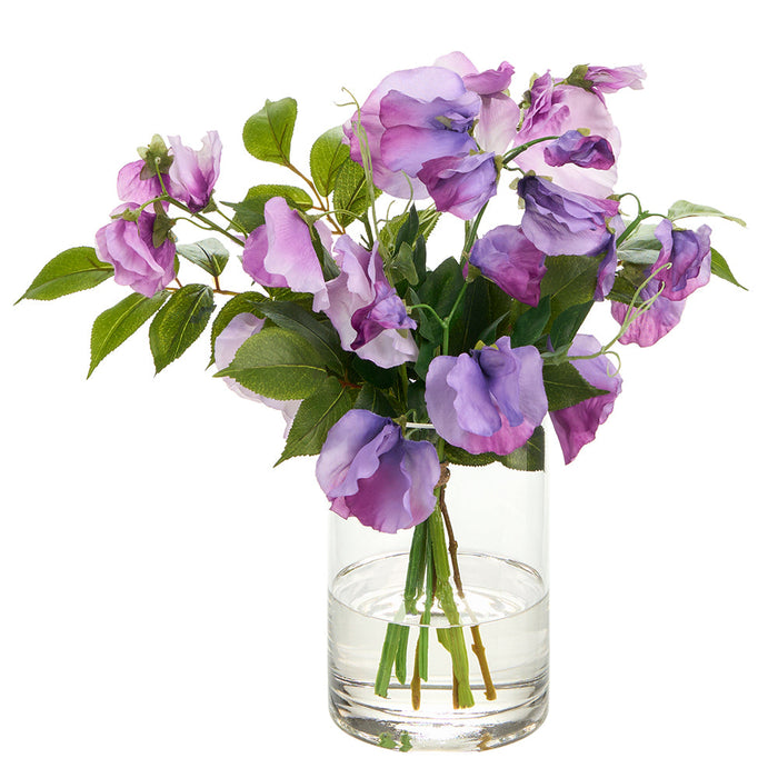 12"Hx14"W Sweet Pea Silk Flower Arrangement w/Glass Vase -Lavender/Green - WZ0157-LV/GR