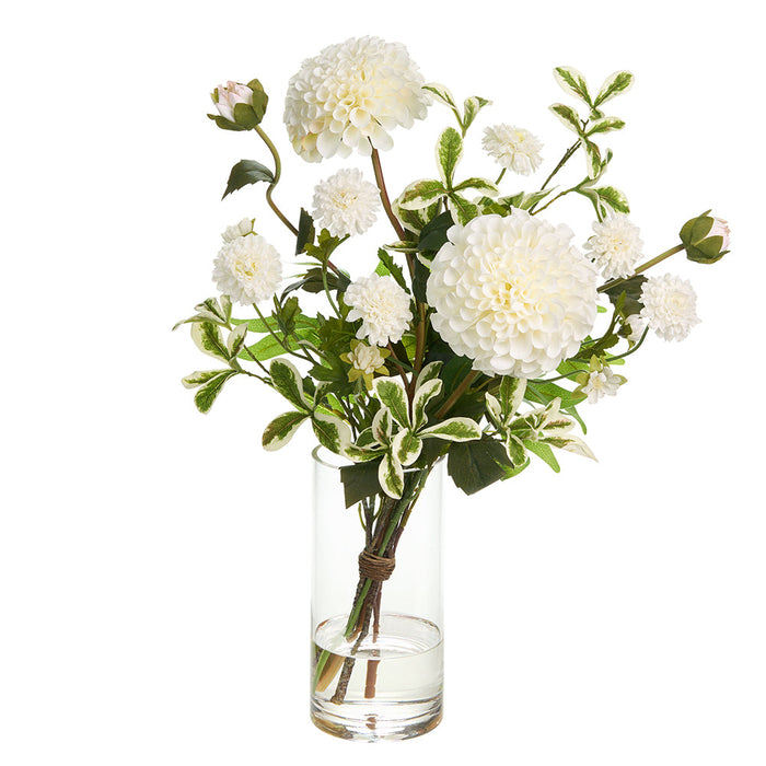 20"Hx16"W Dahlia & Pompom Silk Flower Arrangement w/Glass Vase -Cream/Green - WZ0160-CR/GR