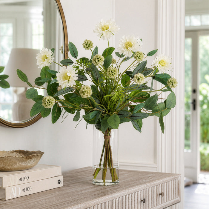 26"Hx22"W Scabiosa & Eucalyptus Leaf Silk Flower Arrangement w/Glass Vase -White/Green - WZ0162-WH/GR