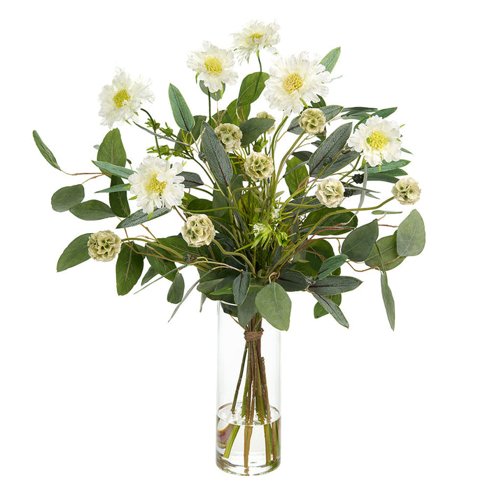 26"Hx22"W Scabiosa & Eucalyptus Leaf Silk Flower Arrangement w/Glass Vase -White/Green - WZ0162-WH/GR
