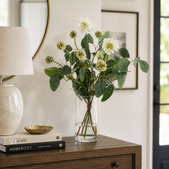 24"Hx18"W Scabiosa & Eucalyptus Leaf Silk Flower Arrangement w/Glass Vase -White/Green - WZ0163-WH/GR
