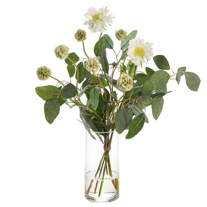 24"Hx18"W Scabiosa & Eucalyptus Leaf Silk Flower Arrangement w/Glass Vase -White/Green - WZ0163-WH/GR