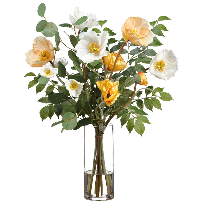 25.5"Hx20"W Poppy Silk Flower Arrangement w/Glass Vase -Yellow/Cream - WZ0165-YE/CR