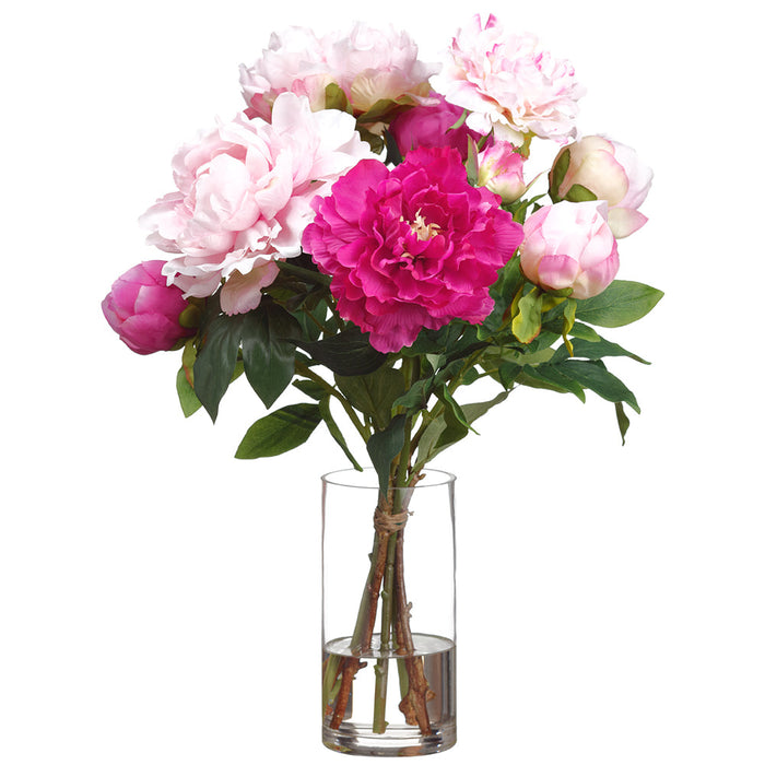 21.5"Hx15.5"W Peony Silk Flower Arrangement w/Glass Vase -2 Tone Pink - WZ0172-PK/TT