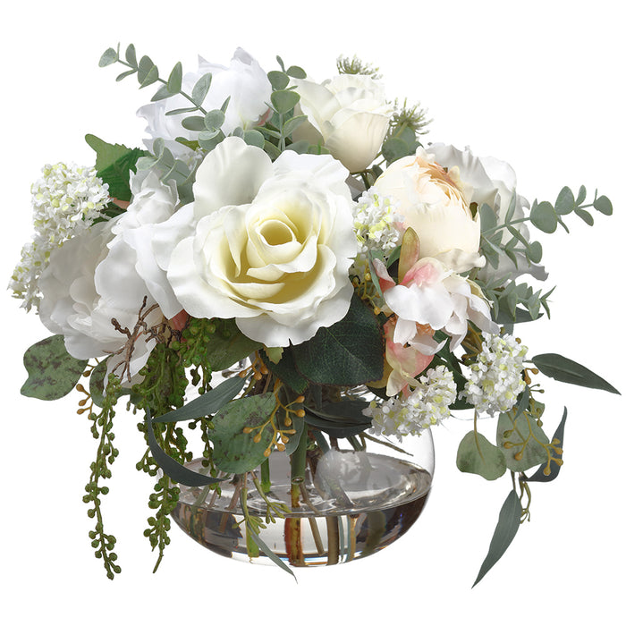 12"Hx14"W Peony, Rose & Eucalyptus Leaf Silk Flower Arrangement w/Glass Vase -Cream/Green - WZ0174-CR/GR