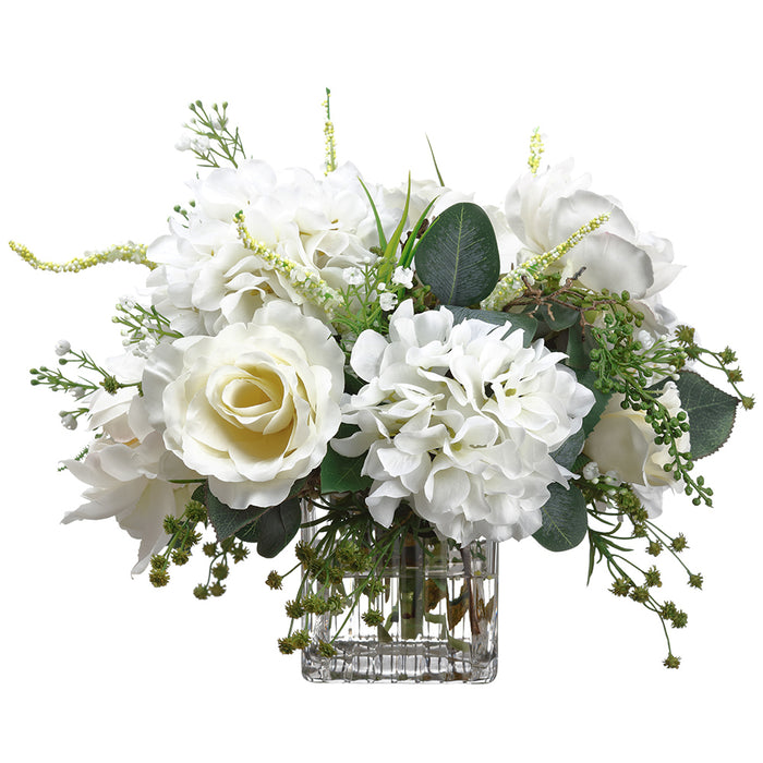 12"Hx14"W Peony, Rose & Hydrangea Silk Flower Arrangement w/Glass Vase -Cream/Green - WZ0175-CR/GR