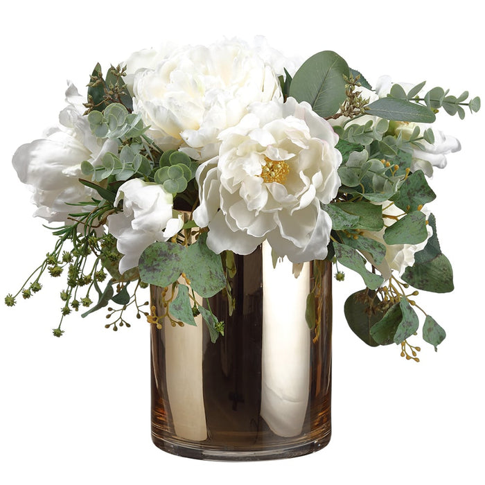 13"Hx14"W Silk Peony, Hydrangea & Queen Anne's Lace Flower Arrangement w/Gold Glass Vase -Cream/Green - WZ0178-CR/GR