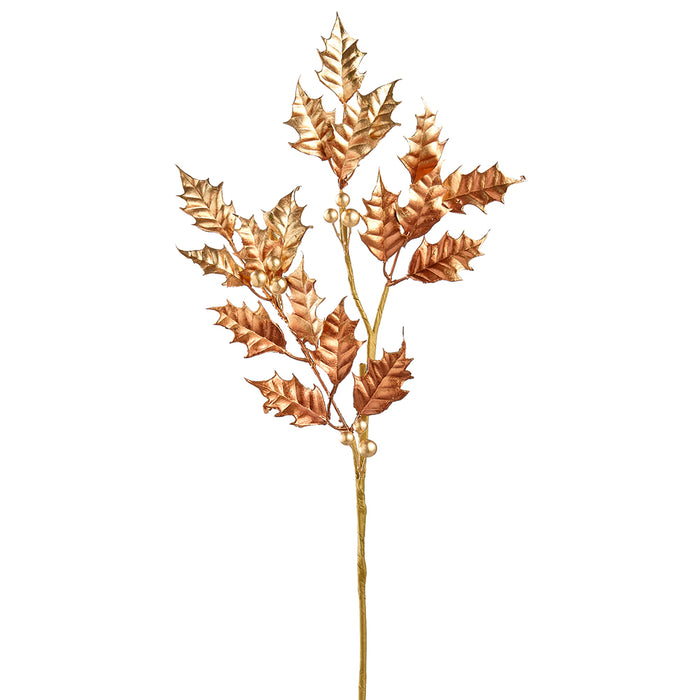 25" Metallic Artificial Holly Leaf & Berry Stem -Copper/Gold (pack of 12) - XAQ012-CP/GO