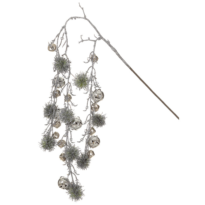 39" Glittered Artificial Globe Thistle & Jingle Bells Stem -Silver (Pack of 12) - XAQ753-SI