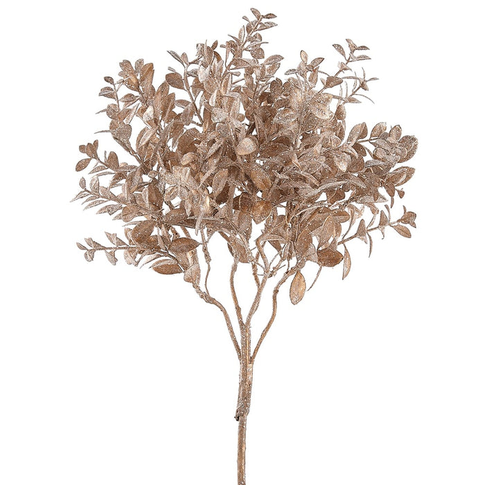 17" Glittered Artificial Mini Boxwood Leaf Stem -Champagne (Pack of 12) - XAS149-CN