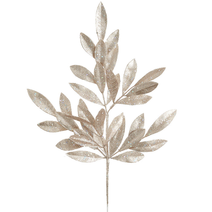 24" Glittered Laurel Bay Leaf Artificial Stem -Champagne (Pack of 36) - XAS632-CN