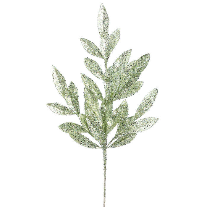 24" Glittered Laurel Bay Leaf Artificial Stem -Green/Silver (pack of 36) - XAS632-GR/SI