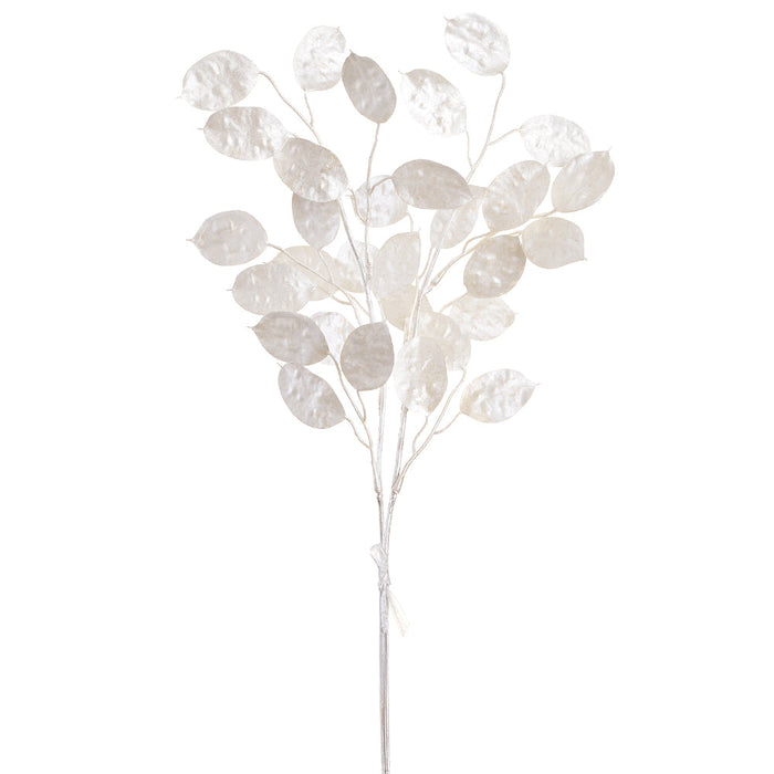 18" Glittered Artificial Silver Dollar Lunaria Leaf Stem Bundle -Pearl (Pack of 36) - XAS653-PEA