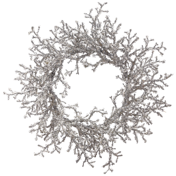 24" Iced & Glittered Artificial Plastic Twig Hanging Wreath -Silver (pack of 2) - XAW064-SI
