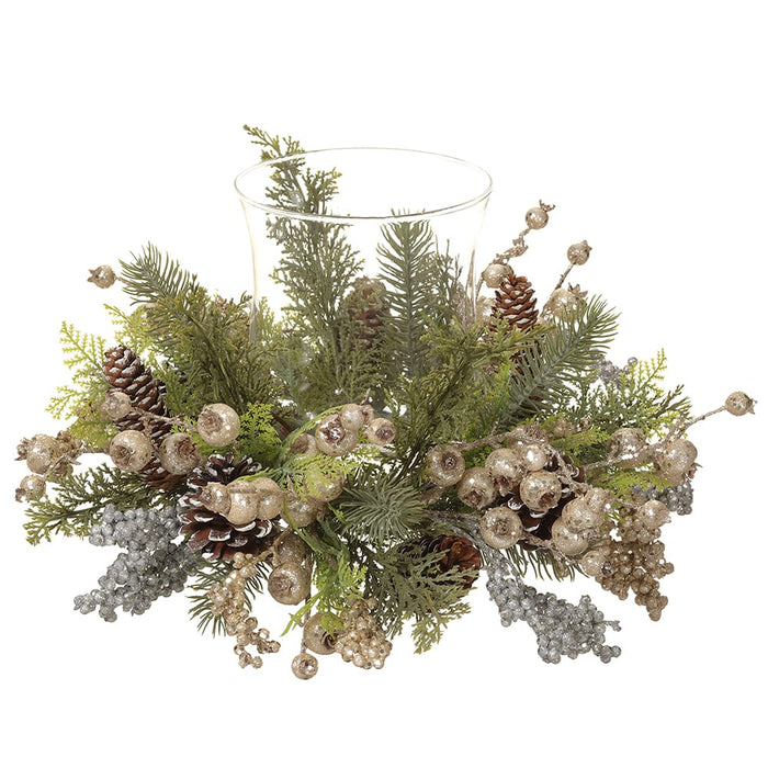 16"Wx12"H Artificial Berry, Pinecone & Pine Candle Ring Holder w/Glass -Champagne (Pack of 2) - XBC001-CN