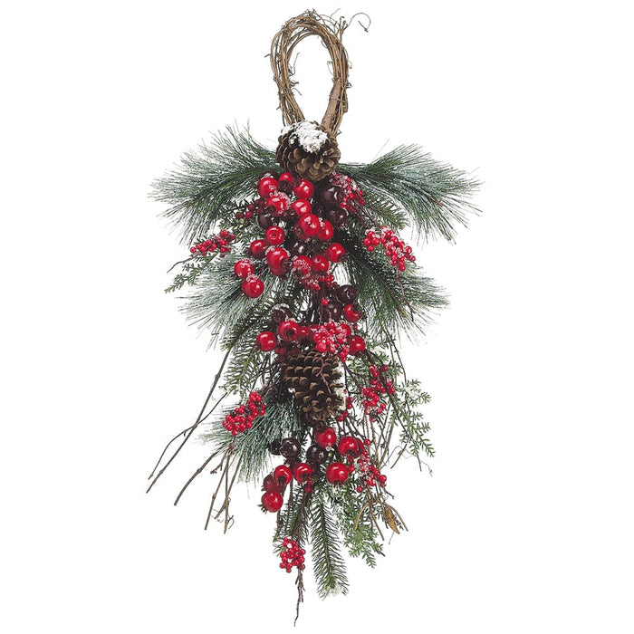 26"Hx14"W Flocked Berry, Pinecone, & Pine Artificial Door Teardrop Swag -Red/Snow (Pack of 2) - XBI693-RE/SN