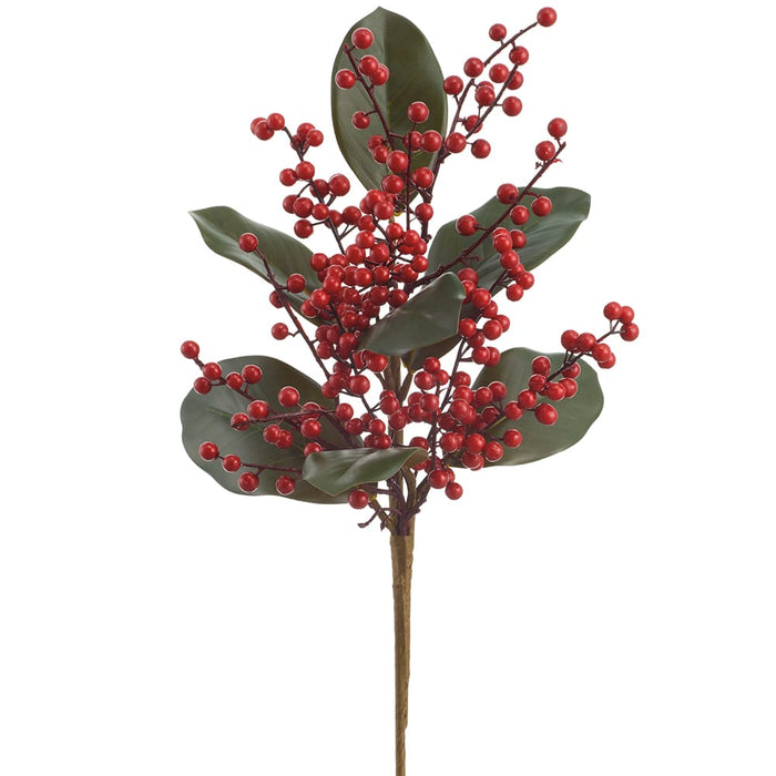 20" Artificial Berry & Magnolia Leaf Stem Pick -Red/Green (Pack of 12) - XBK003-RE/GR