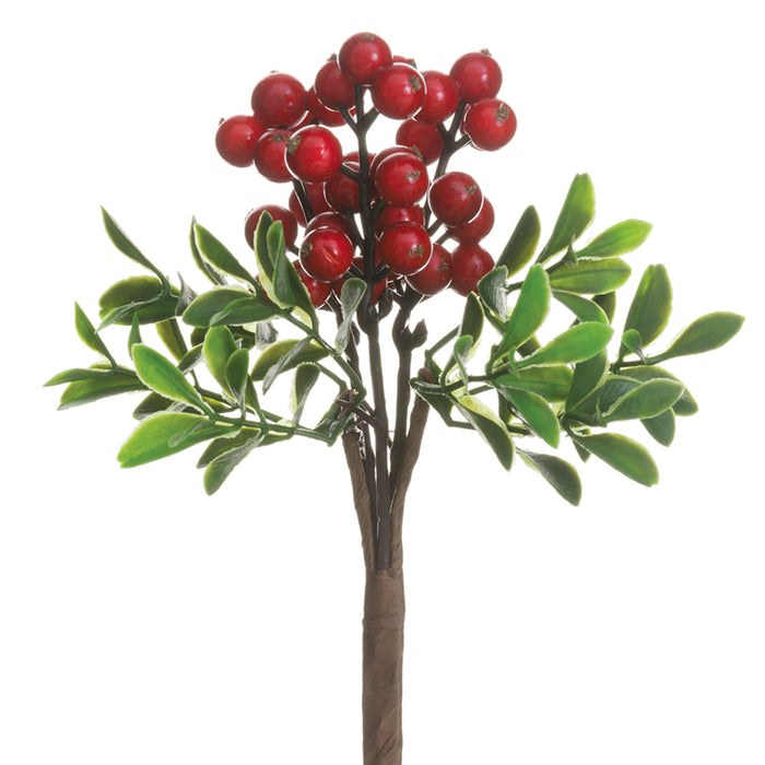8" Artificial Berry & Boxwood Stem Pick -Red (pack of 24) - XBK601-RE