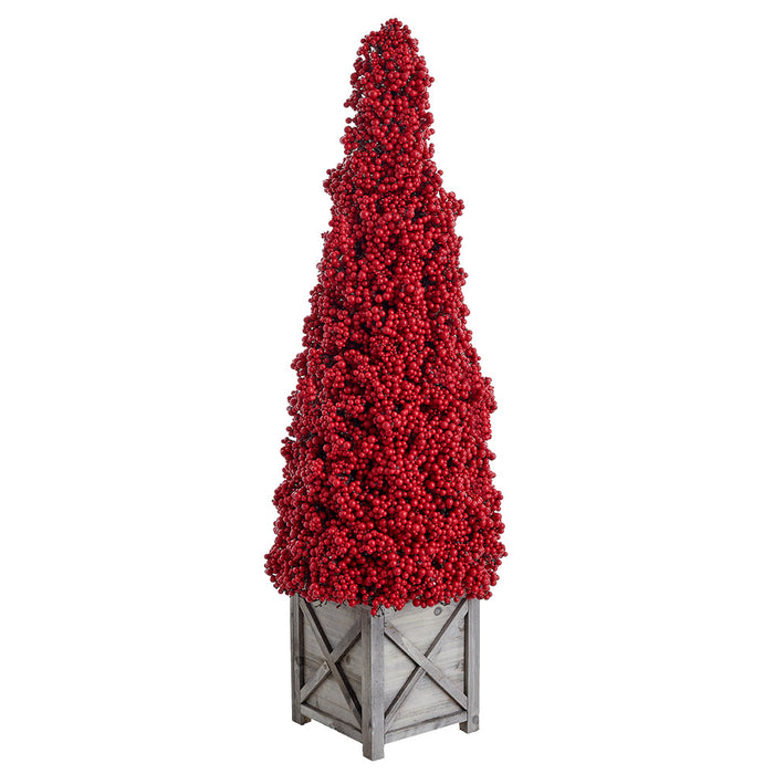 39" Berry Cone-Shaped Artificial Topiary w/Wood Planter -Red - XBR241-RE