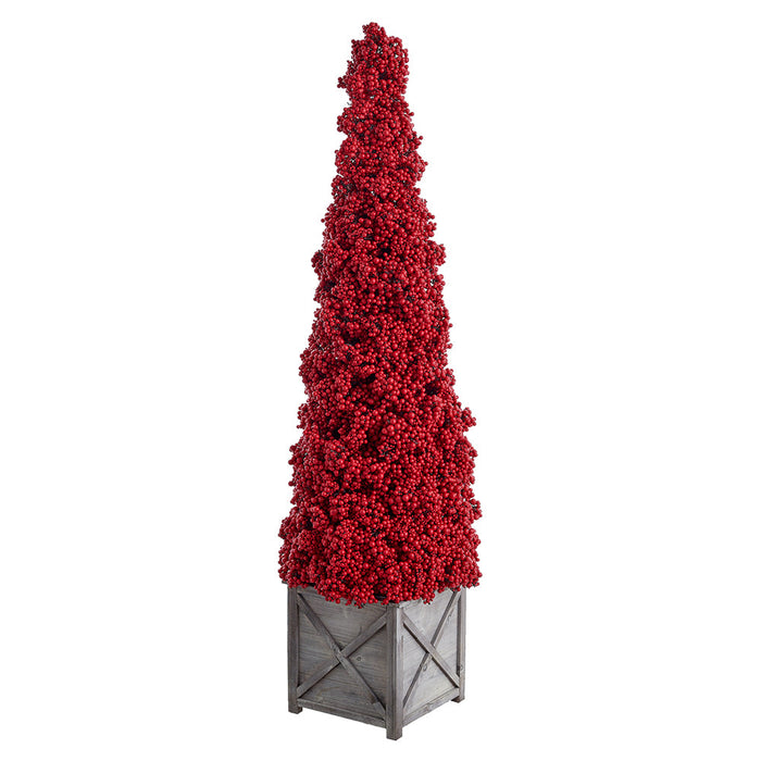 50" Berry Cone-Shaped Artificial Topiary w/Wood Planter -Red - XBR242-RE