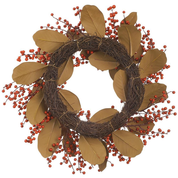 24" Artificial Berry & Magnolia Leaf Wreath -Red/Green  - XBW007-RE/GR