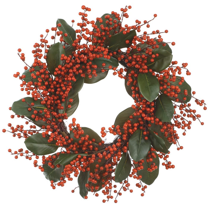 24" Artificial Berry & Magnolia Leaf Wreath -Red/Green  - XBW007-RE/GR