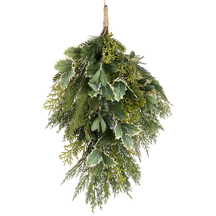 26" Holly, Eucalyptus Leaf & Mixed Pine Artificial Teardrop Swag -2 Tone Green (Pack of 4) - XDA008-GR/TT