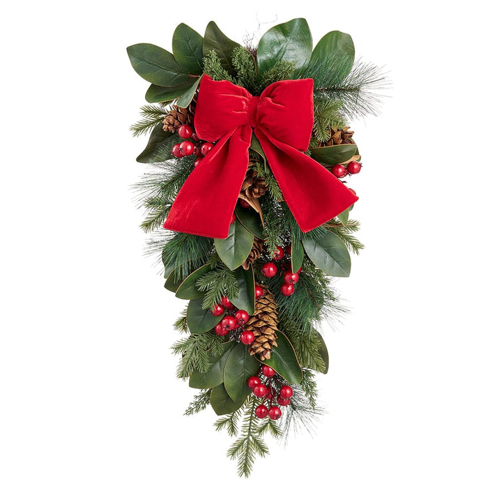32" Berry, Pinecone & Magnolia Leaf Artificial Teardrop Swag -Red/Brown (Pack of 2) - XDA690-RE/BR