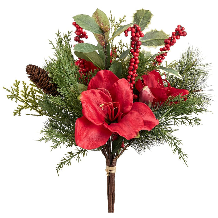 19" Mixed Amaryllis Flower, Berry, Pinecone & Pine Artificial Stem Bundle -Red/Green (Pack of 2) - XDB003-RE/GR