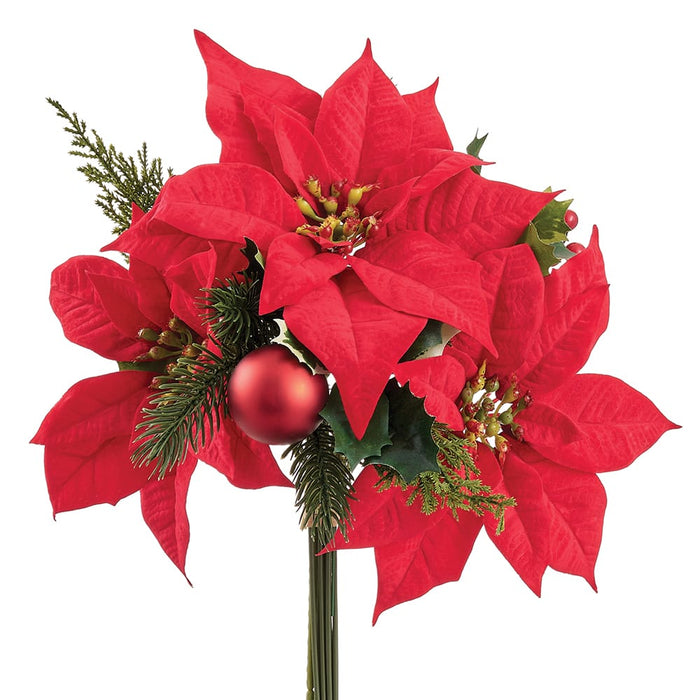 15" Poinsettia Flower, Ball & Holly Leaf Artificial Bouquet -Red/Green (Pack of 6) - XDB016-RE/GR