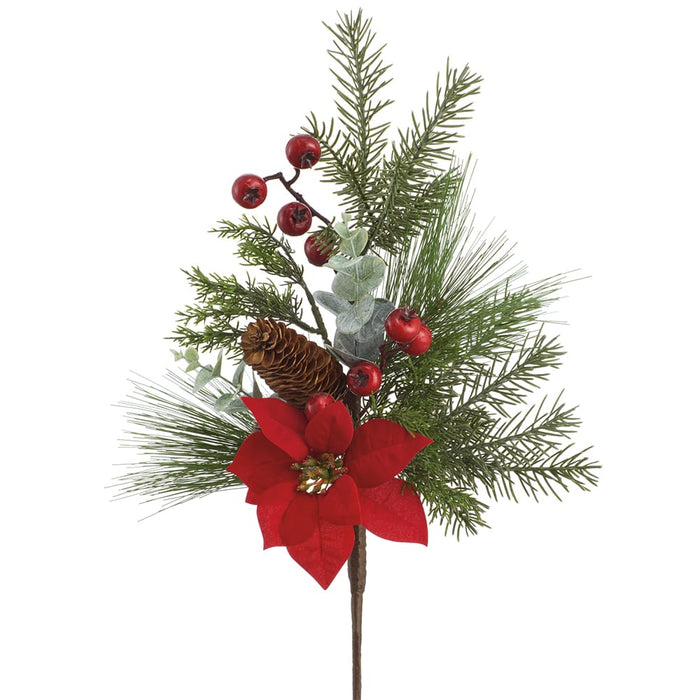 18.5" Velvet Poinsettia, Pinecone & Pine Artificial Stem -Red/Green (Pack of 12) - XDB017-RE/GR