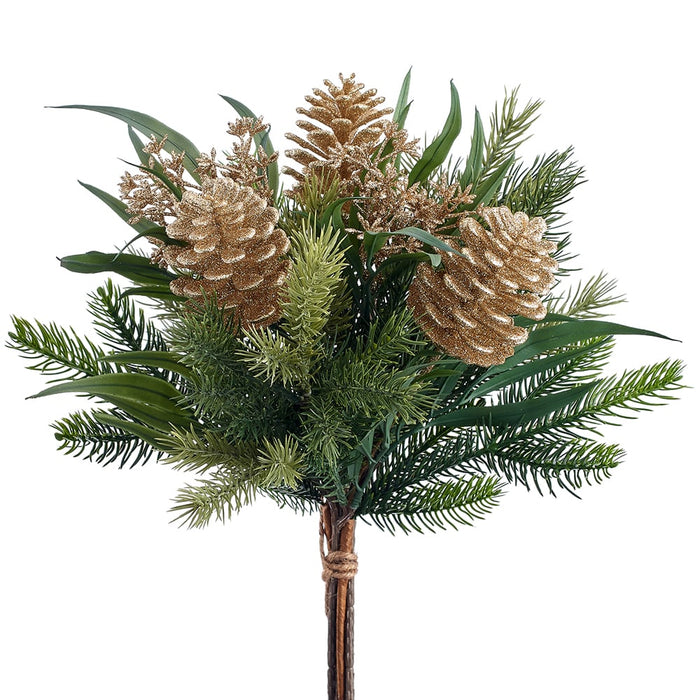 16" Glittered Artificial Pinecone, Sedum & Pine Stem Bundle -Green/Gold (Pack of 6) - XDB142-GR/GO