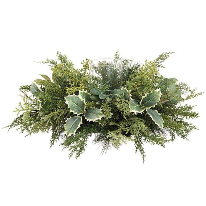 20"Wx8.2"H Holly, Eucalyptus Leaf & Pine Artificial Candle Ring Holder w/Glass -2 Tone Green - XDC001-GR/TT