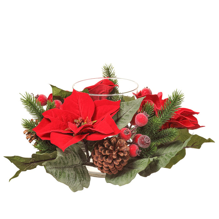 18"Wx4"H Artificial Garden Poinsettia, Berry, Pinecone Candle Ring Holder w/Glass -Red (Pack of 2) - XDC004-RE