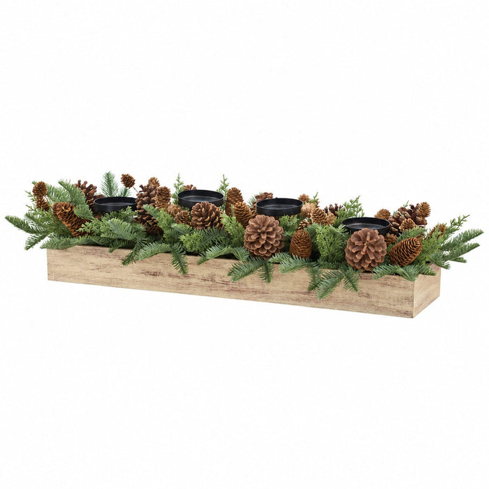 36"Wx8"H Pinecone & Pine Artificial Candle Ring Holder In Wood Container w/Glass -Brown/Green - XDC008-BR/GR