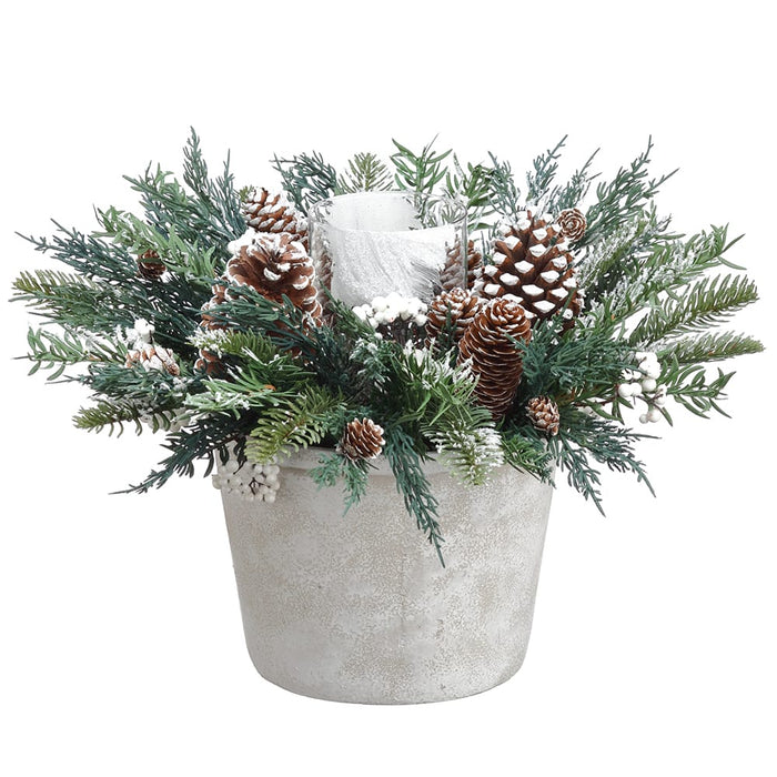 22"Wx18"H Flocked Pine, Pinecone & Berry Artificial Candle Ring Holder In Cement Pot w/Glass -Green/White (Pack of 6) - XDC209-GR/WH